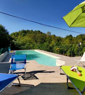 Piscina all'aperto con lettini e ombrelloni, circondata da alberi verdi.